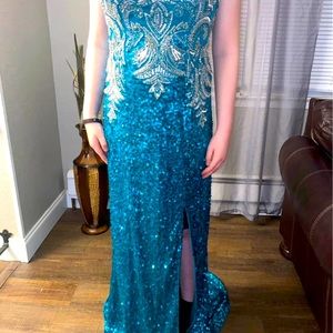 "Radiant Elegance: Sequin Gown with a Stunning Train"